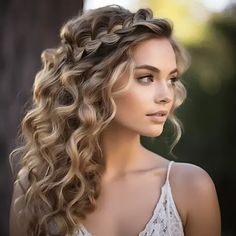 Stunning Crown Hairstyle Ideas for a Royal Look Wedding Hairstyles For Long Hair Down With Crown, Long Curled Hair With Braid, Curly Hair Formal Styles Down, Mid Back Length Hairstyles, Braid Crown Hair Down, Curled And Braided Hairstyles, Long Wedding Hair Curls, Crimped Wedding Hairstyles, Curled Braided Hairstyles