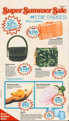 an advertisement for the summer sale with handbags and purses on it's side