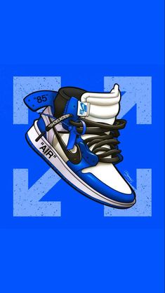 a pair of sneakers with blue and white shoes tied to each other on a blue background