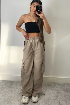 Kiesha Beige Parachute Toggle Pocket Cargo Trousers – LASULA Wardrobe Ideas, Street Outfit