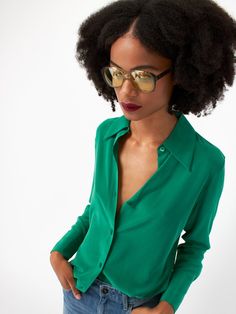 Slim Fit V-neck Top For Formal Occasions, Slim Fit V-neck Top For Formal Wear, Green Slim Fit Button-up Top, Slim Fit V-neck Formal Top, Formal Slim Fit V-neck Top, Green Lapel Collar Shirt For Work, Green Slim Fit Collared Top, Green Collared Dress Shirt For Work, Green Spread Collar Top For Work