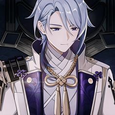 an anime character with white hair wearing a purple outfit and holding two scissors in his hands