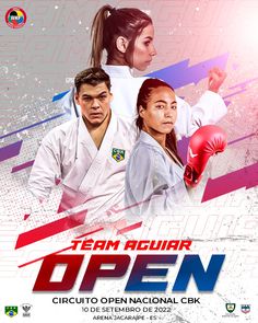 the poster for team aguar open shows two people in white uniforms and red gloves