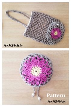 crocheted purses are shown with different patterns