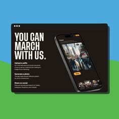 an advertisement for the iphone is shown in black and white, with text that reads you can march with us