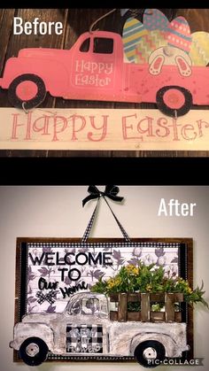 the before and after pictures of an old truck with flowers in it's bed