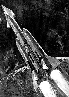 an old black and white photo of a rocket