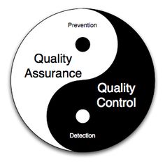 a black and white yin symbol with the words quality assurance on it's side