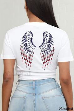 Olivia Mark - Contemporary White Patchwork O Neck T-Shirts for Casual Daily Wear White Graphic Tee With American Flag, White American Flag Crew Neck Top, Patriotic Graphic Print Crew Neck Top, Patriotic Crew Neck Top With Graphic Print, Patriotic Short Sleeve Tops With Sublimation Print, Patriotic Tops With Sublimation Print And Short Sleeves, Patriotic Sublimation Print Short Sleeve Tops, White Graphic Tee With American Flag Print, White Crew Neck Top With Flag Print