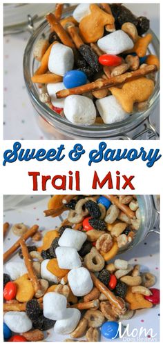 two pictures with the words sweet and savory trail mix