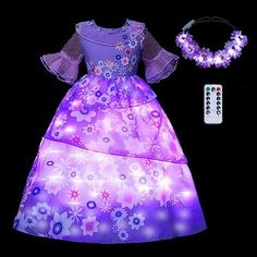 Hand Wash Only LIGHT UP GIRLS COSTUMES - Here are charming light up isabella dress for girls who like to feel like a magical princess. The lit up girls dresses are dreamy and beautiful when they are turned on in dark. (no heat led bulbs | batteries not included) Size: 4-5 years.  Color: Purple.  Gender: female.  Age Group: kids. Birthdays Dress, Encanto Costume, Light Up Halloween Costumes, Light Up Dress, Princess Dress Short, Light Up Costumes, Carnival Christmas, Light Up Dresses, Dress Glamour