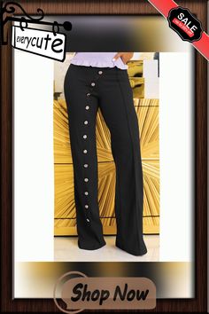 Black Button Detail Straight Leg Flare Pants Casual Pants With Button Closure For Night Out, Black Button-up Work Pants, Fitted Black Button-up Bottoms, Black Button-up Pants For Work, Casual Office Pants With Buttons, Trendy Buttoned Bottoms For Night Out, Trendy Bottoms With Buttons For Night Out, Trendy Night Out Bottoms With Buttons, Black Button-up Bottoms For Fall