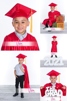 a young boy wearing a red graduation cap and gown