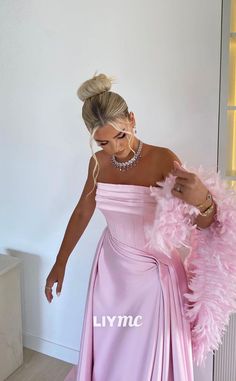 Night Dress Long Elegant Pink, Fitted Evening Dress With Feather Trim For Prom, Pleated Evening Dress For Prom Season, Pleated Evening Dress For Prom, Fitted Satin Dress With Feather Trim, Satin Dresses With Feather Trim, Pink Party Outfit, Burgundy Prom, Rent Dresses