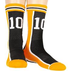 Haikyu!! is a Japanese anime series that follows a boy named Shoyo Hinata, who is determined to be a great volleyball player despite being small for the sport. He faces obstacles along the way as he joins a volleyball club.  These black socks feature an orange and white jersey #10 design. Made from 98% Polyester, 2% Spandex, these socks will keep your feet comfy all day long. Yellow Sporty Socks For Sports, Black Sports Socks With Letter Print, Black Sports Socks, Black Sporty Socks With Letter Print, Anime Volleyball, Volleyball Clubs, Volleyball Player, Four Horsemen, Number 10