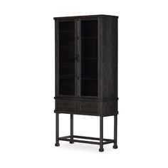 a tall wooden cabinet with two doors and drawers on one side, in black finish