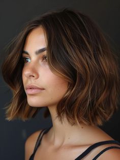 Soft Balayage Short Hair, Short Dark Brown Hair With Caramel Highlights Bobs Brunettes, Balayage Hair Bob, Short Brunette Hair, Balayage Hair Color Ideas, Hair Styles Ideas, Balayage Ideas, Medium Length Wavy Hair, Rambut Brunette