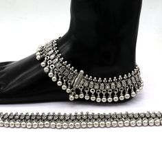 925 sterling silver gorgeous vintage antique design gorgeous feet bracelet, anklets pair with fabulous hanging bells, tribal belly dance jewellery from Rajasthan India. Metal-925 sterling silver. Item-anklets. length of anklet-11 inches. Width with bells- 1 inch. Stamped-925. Weight-158.43 grams Makes excellent gifting and collectable pieces. Feet Bracelet, Belly Dance Jewelry, Foot Bracelet, Hanging Bell, Rajasthan India, Antique Design, Anklet Jewelry, Ethnic Jewelry, Belly Dance