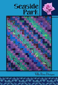 the seaside park quilt pattern is shown in blue and purple colors, with a pink rose on