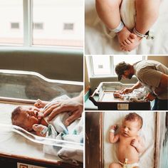 a collage of photos showing babies in their crib