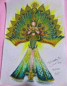 a drawing of a woman in a peacock costume