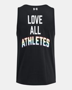 a black tank top with the words love all athletes printed in rainbow letters on it