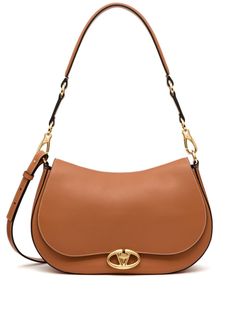 camel brown calf leather VLogo Signature contrast stitching gold-tone hardware foldover top twist-lock fastening adjustable shoulder strap single detachable top handle main compartment internal zip-fastening pocket internal slip pocket Valentino Garavani Bag, Shoulder Bag Brown, Brown Shoulder Bag, Chanel 2, Iconic Bags, Demi Fine Jewelry, Brown Bags, Fine Earrings, Small Shoulder Bag