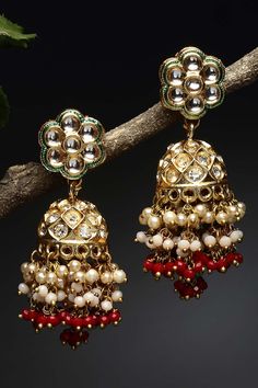 Buy Multi color Gold-Plated Kundan Diamonds And Pearls Jhumka Earring Online - One minute Saree – ONE MINUTE SAREE Reception Sarees, One Minute Saree, Saree With Belt, Floral Print Sarees, Diamonds And Pearls, Cream Base, Red Saree, Gold Cream, Jhumka Earrings