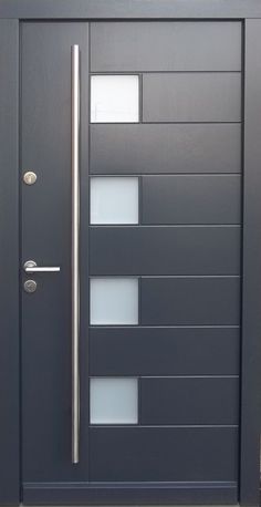 a modern steel door with glass panels on the front and side doors are painted black