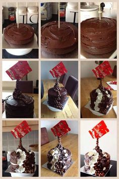 a collage of photos showing different types of chocolate cake with red flags sticking out of it