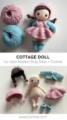 crocheted doll and baby clothes with text that reads cottage doll no sew ragoli body base + clothes