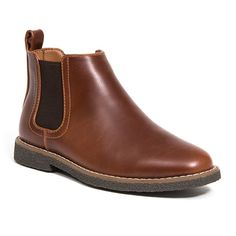 Sleek, comfortable and easy to wear? The Zane dress chelsea boot for kids is what you're looking for! These ankle-high boots are so easy for children to pull on and off by themselves. They'll love to wear them all day because of the comfortable memory foam insole. The smooth simulated leather upper has a classic look while a pull tab, contrast stitching and a crepe-like TPR outsole provide playful modern accents. Size: 7 Big Kid Medium.  Color: Brown.  Gender: male. Kids Dress Boots, Boys Ankle Boots, Styling Chelsea Boots, Kids Dress Boys, Deer Stags, High Ankle Boots, Black Chelsea Boots, Boys Boots, Pull On Boots