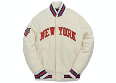 Throwback Streetwear Outerwear With Ribbed Cuffs, Throwback Outerwear With Ribbed Cuffs For Streetwear, White Throwback Winter Outerwear, White Throwback Outerwear For Winter, Vintage Varsity Jacket, Nba New York, Vintage Varsity, Golden Bear, Aviator Jackets