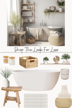 the bathroom is decorated in white and neutrals, with lots of greenery on the shelves