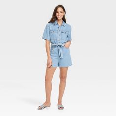 Women's Short Sleeve Romper - Universal Thread Light Wash New Size 8 Universal Thread Denim Romper In Light Wash Midweight Cotton-Rich Fabric And Poplin Lining Front Half-Length Button Placket Collared Front And Short Sleeves Belt-Loop Waistband And Matching Fabric Belt Flap Chest Pockets Plus Side And Back Pocket Step Into Cool-Chic Style With The Short-Sleeve Romper From Universal Thread. This Light-Wash Denim Romper Is Made Of Midweight Cotton-Rich Fabric With Poplin Lining For Comfortable Al