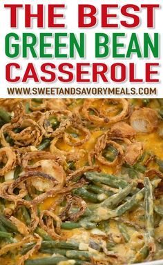 green bean casserole with onions and cheese in a white dish