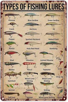 the types of fishing lures are shown in this poster