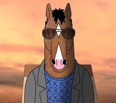 a cartoon horse wearing sunglasses and a blue sweater is standing in front of an orange sky