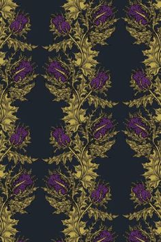 a purple and gold floral pattern on a black background with leaves, flowers and berries