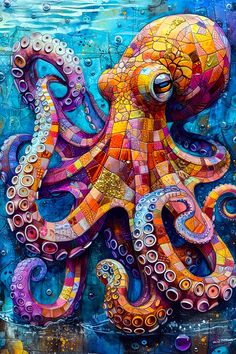 an octopus is painted in bright colors and it looks like he's floating on the water