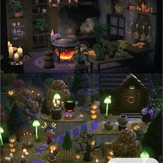 the inside of a living room with candles and plants in it, and an image of a fireplace