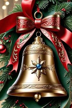 a christmas bell with a red ribbon and holly wreath around it's bells is shown