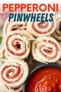 there is a plate that has some food on it and the title reads pepperoni pinwheels