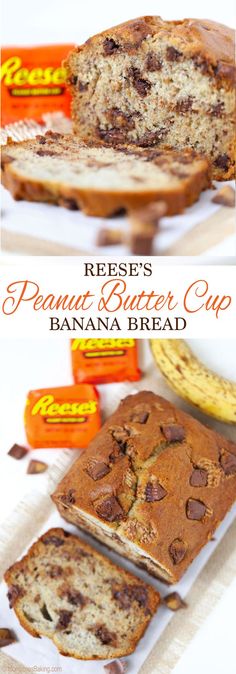 there is a banana bread with chocolate chips on it and the words reese's peanut butter cup