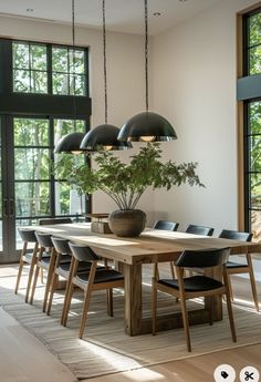 a dining room table with black chairs and a potted plant on top of it