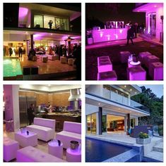 four different shots of the inside of a house at night and in front of a pool