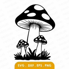 a black and white image of two mushrooms on the ground with text saying svg dxf eps png