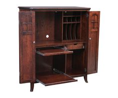 an open wooden cabinet with drawers and shelves