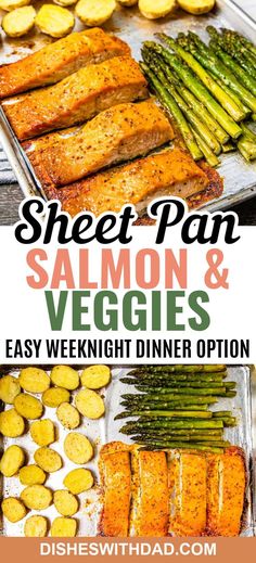 sheet pan salmon and veggies with text overlay