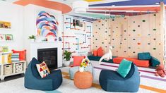 a colorful living room with lots of furniture